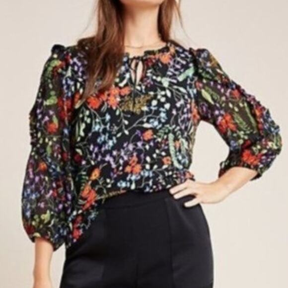 Maeve by Anthropologie Jacquin Top Womens Medium Black Multicolor Floral Boho - Picture 10 of 10